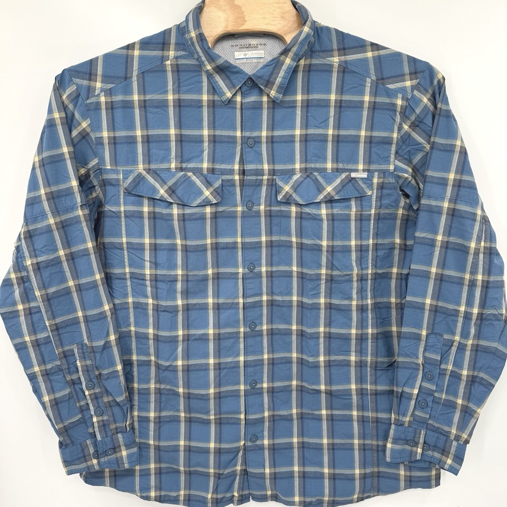 Columbia Button Up Shirt Mens XXL Blue Plaid Omni-Shade Hiking Long Sleeve